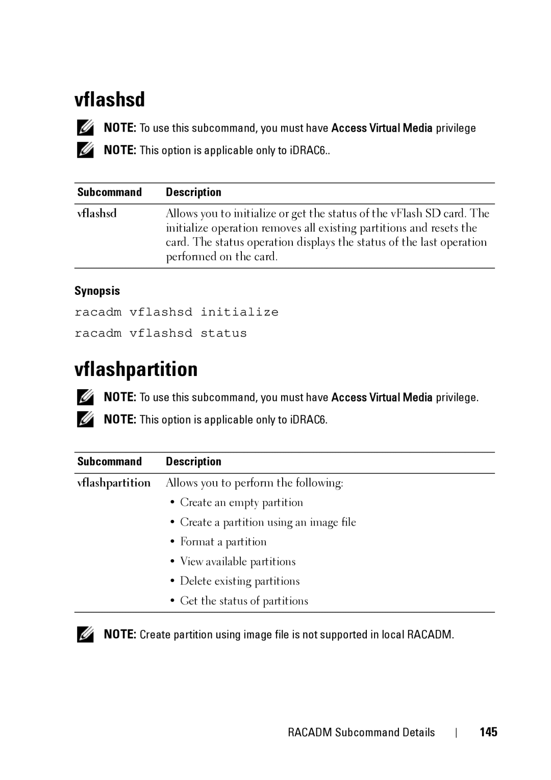 Dell IDRAC6 3.5, IDRAC6 1.95, CMC 3.2 manual Vflashsd, Vflashpartition, 145 