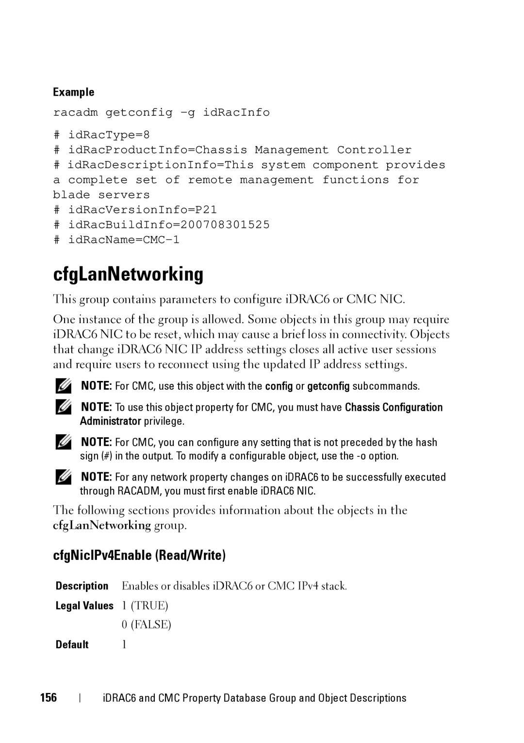 Dell IDRAC6 1.95, IDRAC6 3.5, CMC 3.2 manual CfgLanNetworking, CfgNicIPv4Enable Read/Write, 156, Legal Values 1 True 