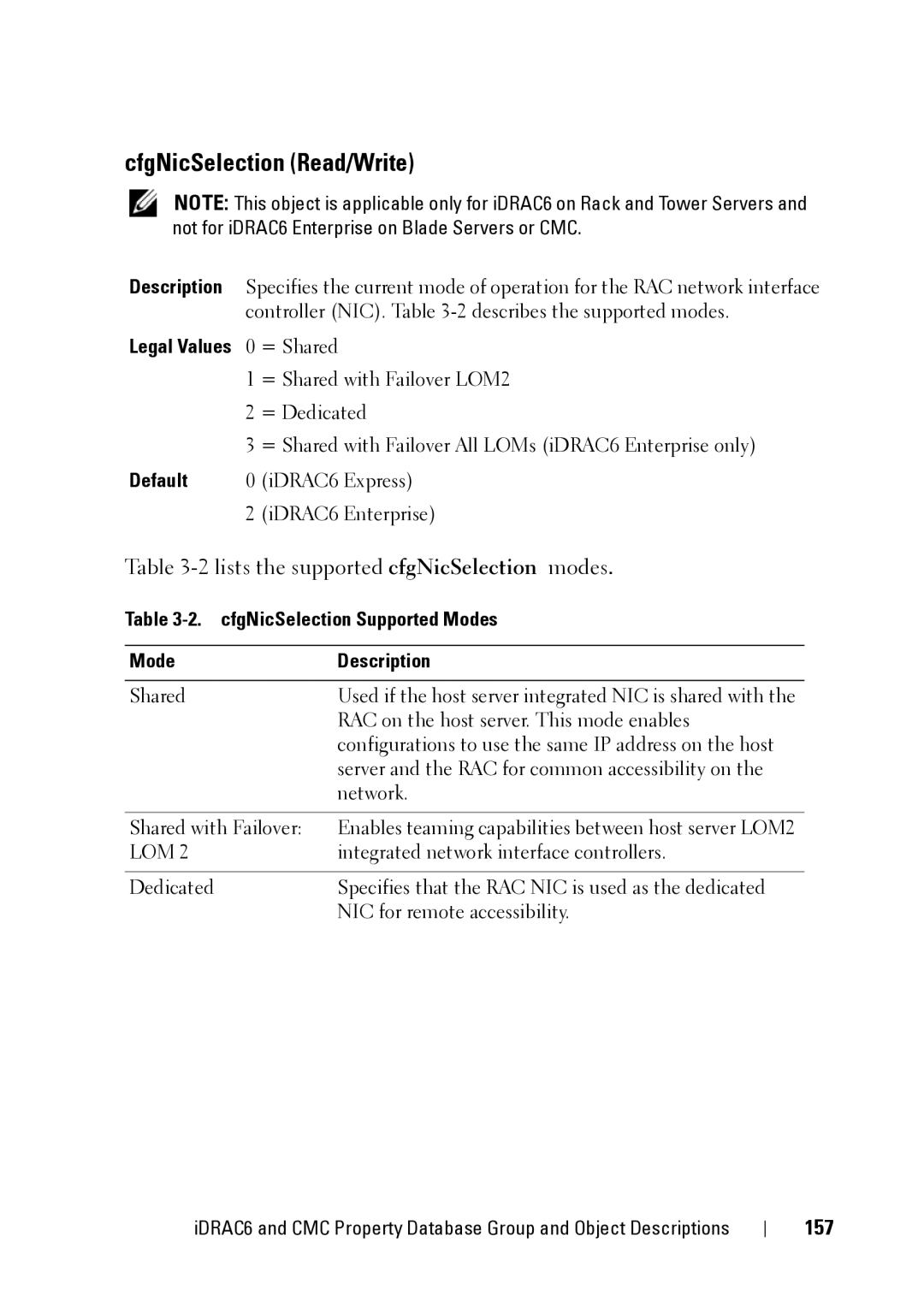 Dell IDRAC6 3.5 manual CfgNicSelection Read/Write, 2lists the supported cfgNicSelection modes, 157, Legal Values 0 = Shared 