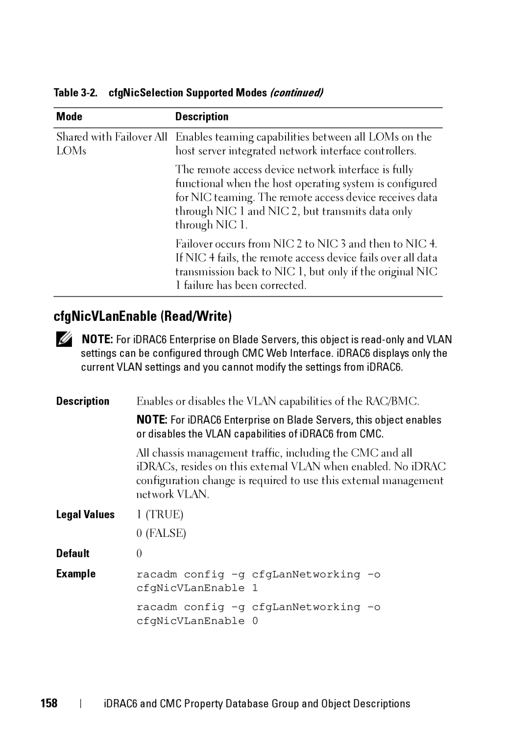 Dell CMC 3.2, IDRAC6 1.95, IDRAC6 3.5 manual CfgNicVLanEnable Read/Write, 158 