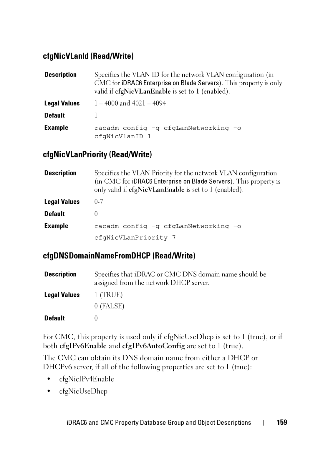 Dell IDRAC6 1.95, CMC 3.2 CfgNicVLanId Read/Write, CfgNicVLanPriority Read/Write, CfgDNSDomainNameFromDHCP Read/Write, 159 