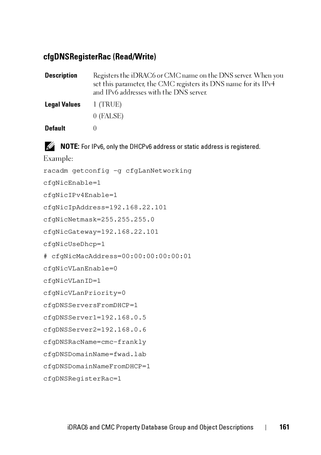 Dell CMC 3.2, IDRAC6 1.95, IDRAC6 3.5 manual CfgDNSRegisterRac Read/Write, Example, 161 
