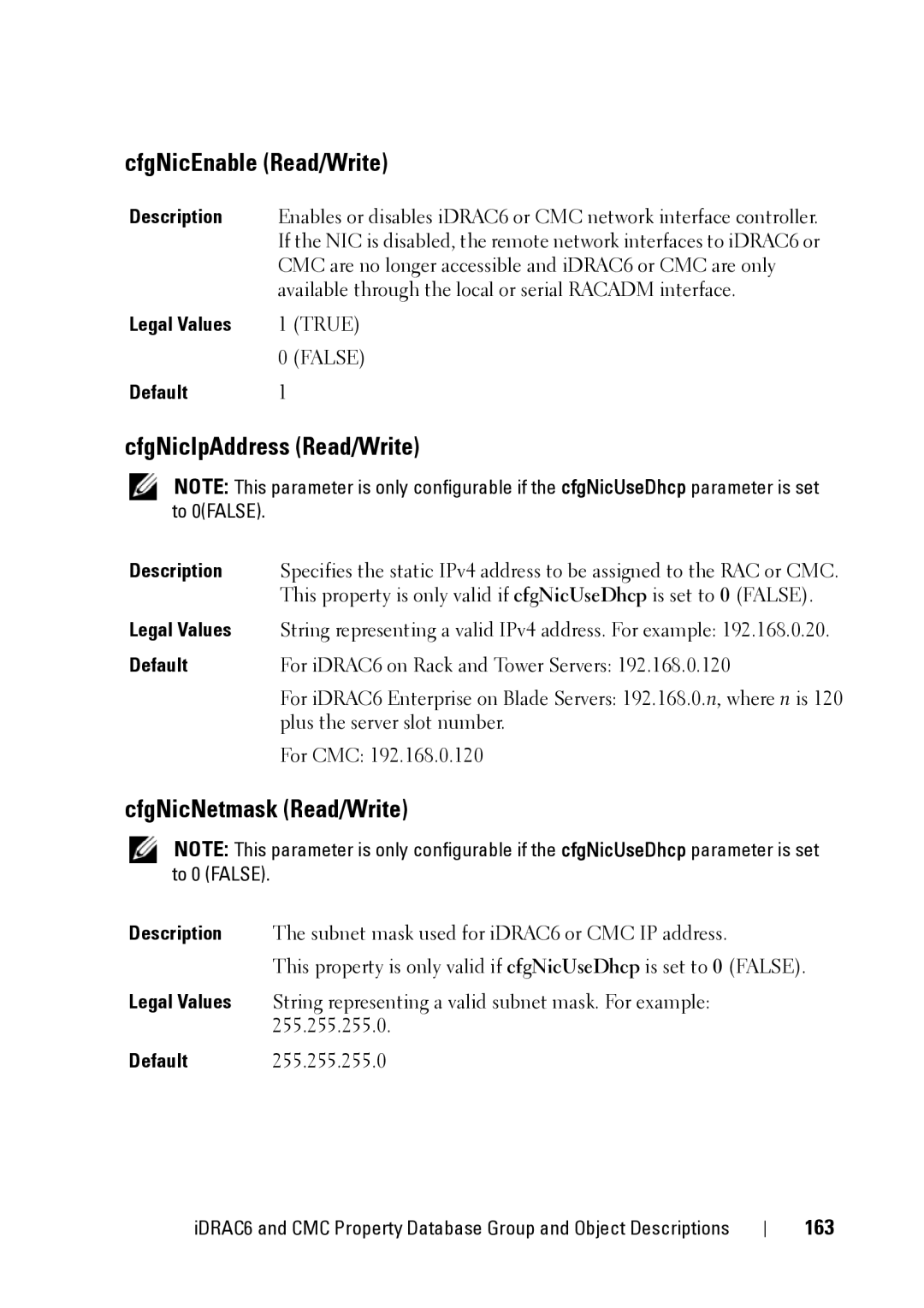 Dell IDRAC6 3.5, IDRAC6 1.95, CMC 3.2 CfgNicEnable Read/Write, CfgNicIpAddress Read/Write, CfgNicNetmask Read/Write, 163 