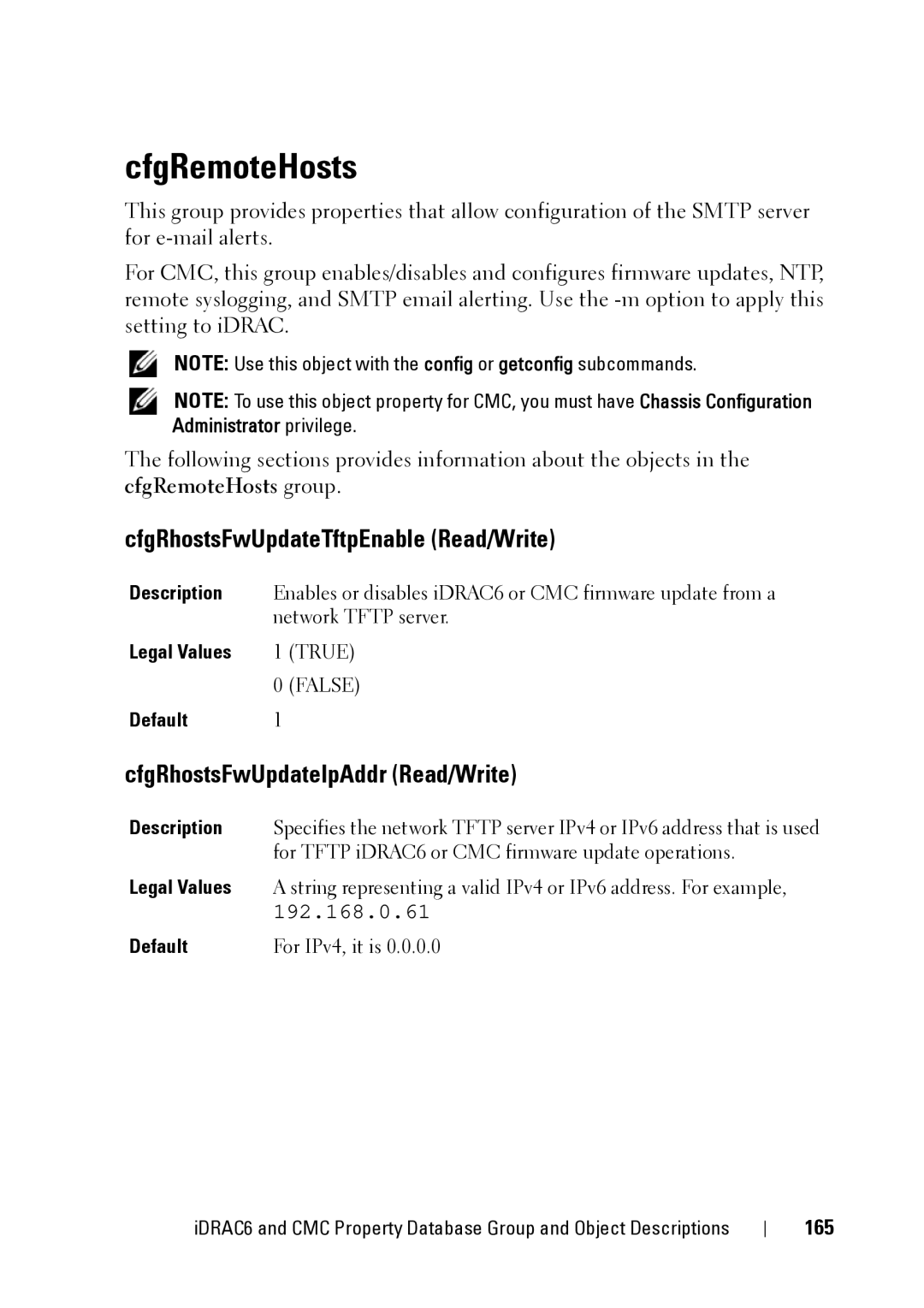 Dell IDRAC6 1.95, CMC 3.2 CfgRemoteHosts, CfgRhostsFwUpdateTftpEnable Read/Write, CfgRhostsFwUpdateIpAddr Read/Write, 165 