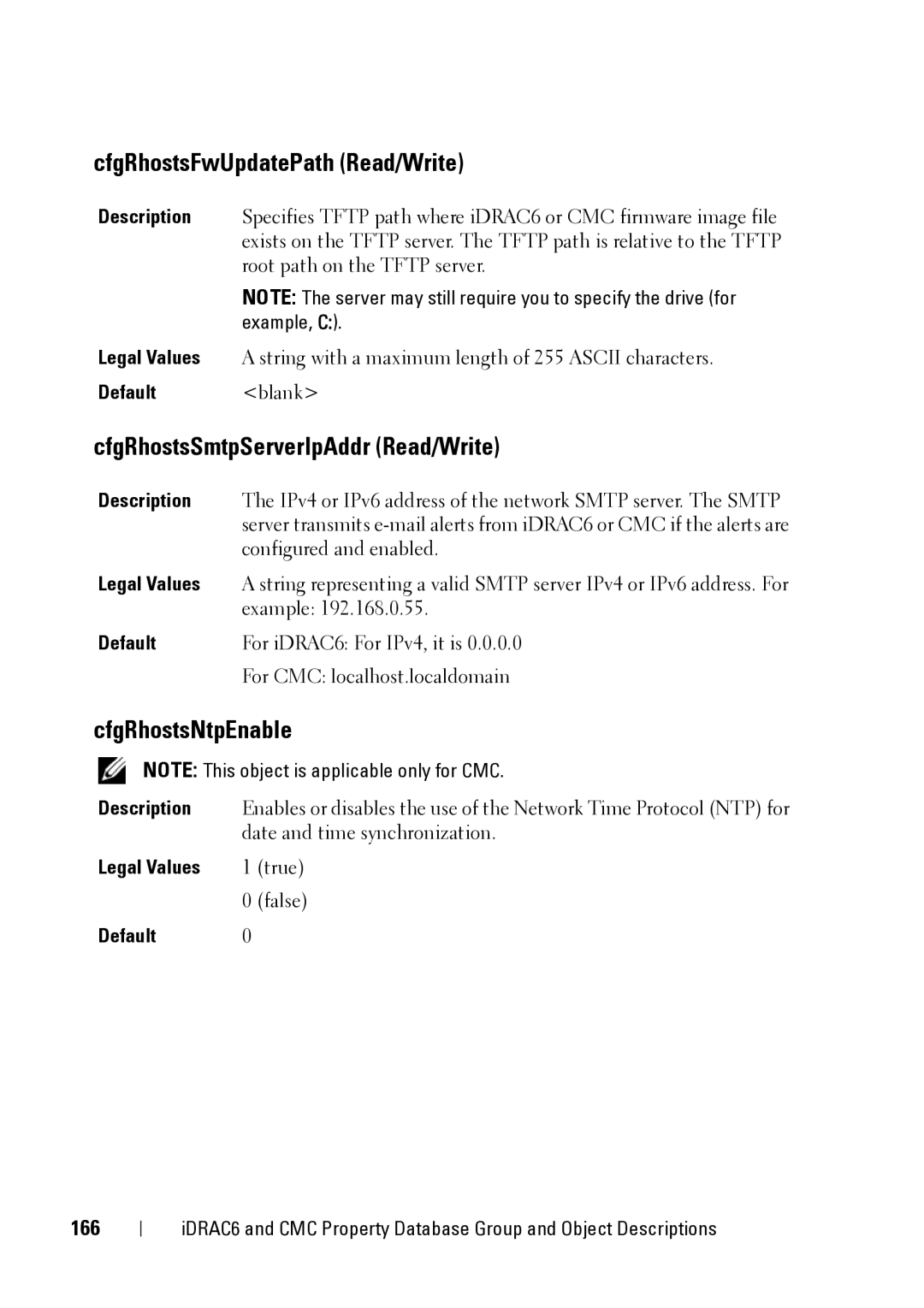 Dell IDRAC6 3.5, CMC 3.2 CfgRhostsFwUpdatePath Read/Write, CfgRhostsSmtpServerIpAddr Read/Write, CfgRhostsNtpEnable, 166 