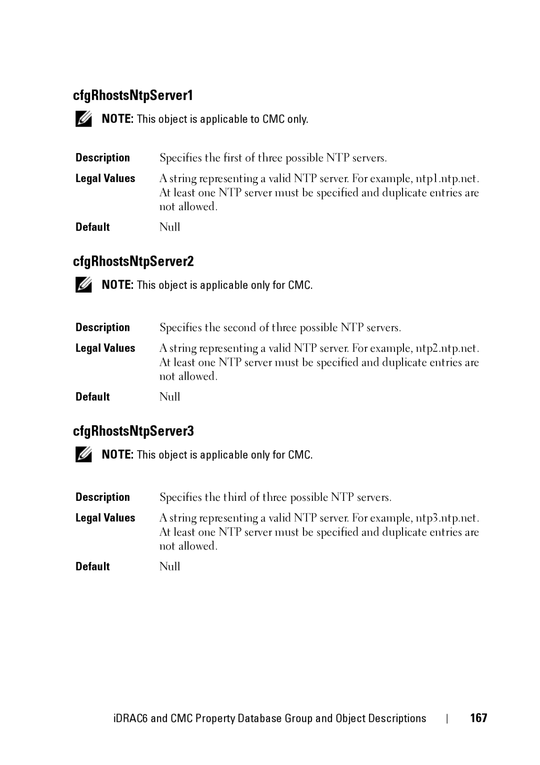 Dell CMC 3.2, IDRAC6 1.95, IDRAC6 3.5 manual CfgRhostsNtpServer1, CfgRhostsNtpServer2, CfgRhostsNtpServer3, 167, Default Null 