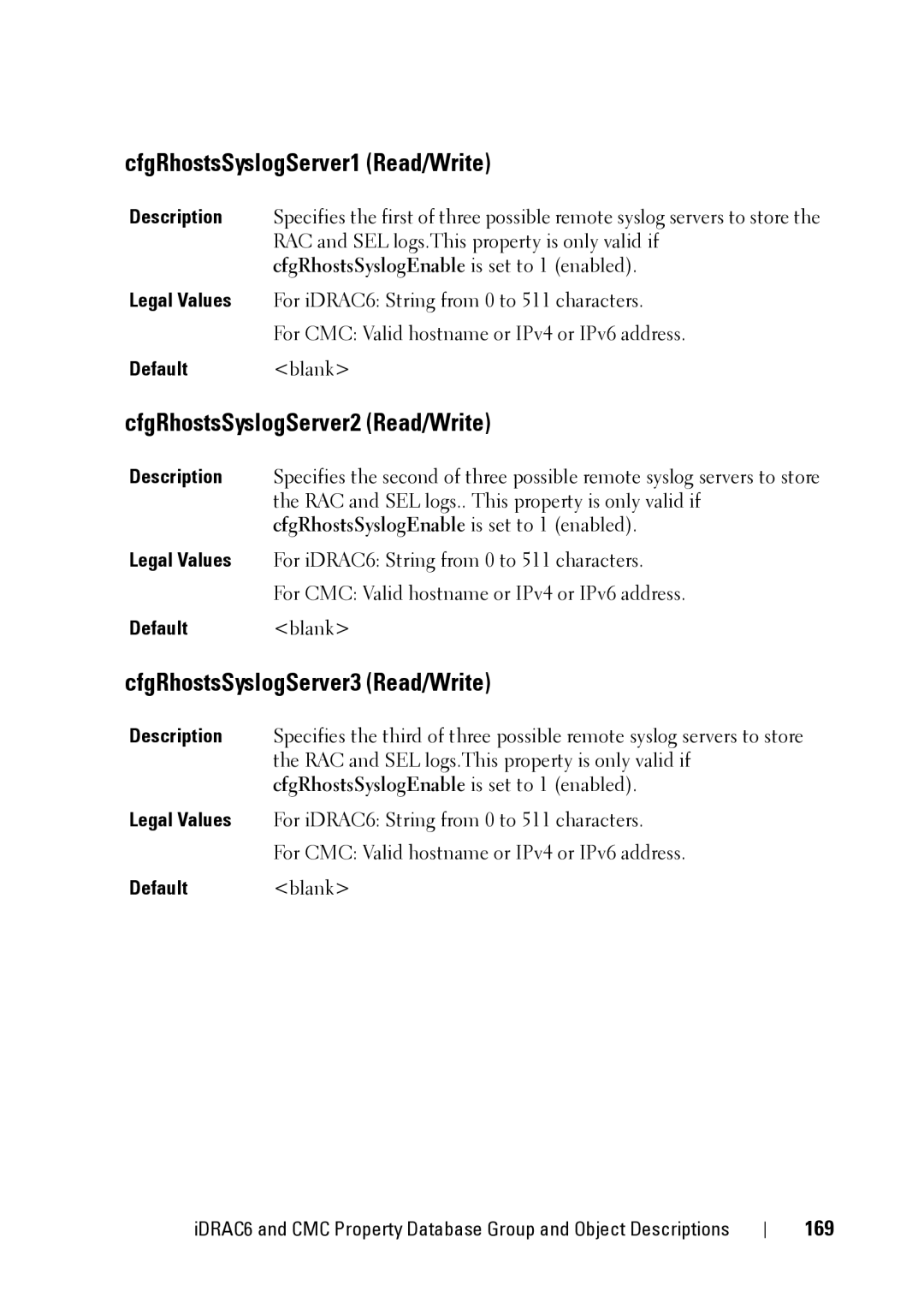 Dell IDRAC6 3.5 CfgRhostsSyslogServer1 Read/Write, CfgRhostsSyslogServer2 Read/Write, CfgRhostsSyslogServer3 Read/Write 