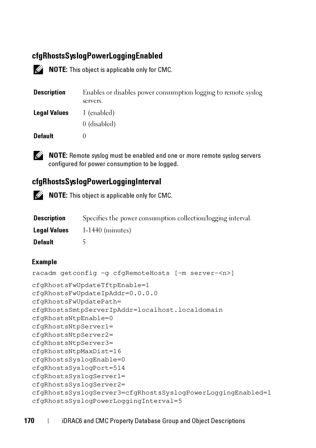 Dell CMC 3.2, IDRAC6 1.95, IDRAC6 3.5 manual CfgRhostsSyslogPowerLoggingEnabled, CfgRhostsSyslogPowerLoggingInterval, 170 