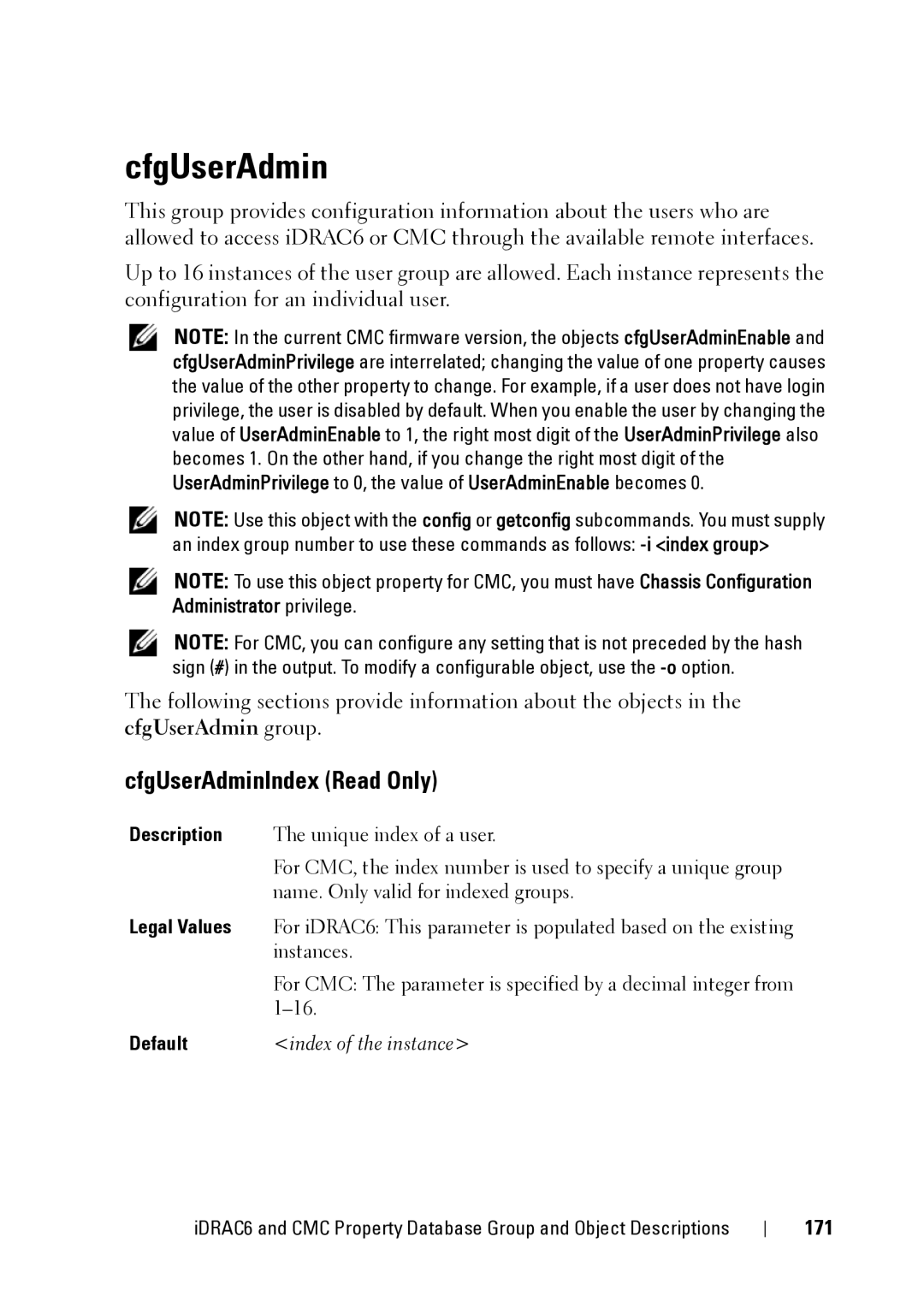 Dell IDRAC6 1.95, IDRAC6 3.5, CMC 3.2 manual CfgUserAdminIndex Read Only, 171 