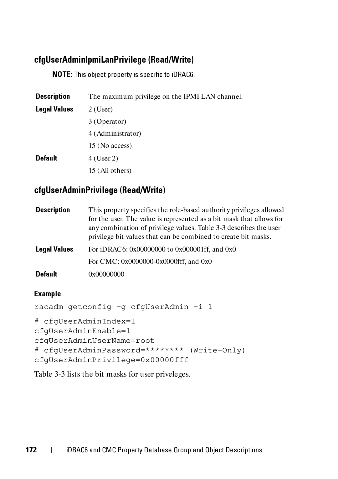 Dell IDRAC6 3.5, IDRAC6 1.95, CMC 3.2 manual CfgUserAdminIpmiLanPrivilege Read/Write, CfgUserAdminPrivilege Read/Write, 172 