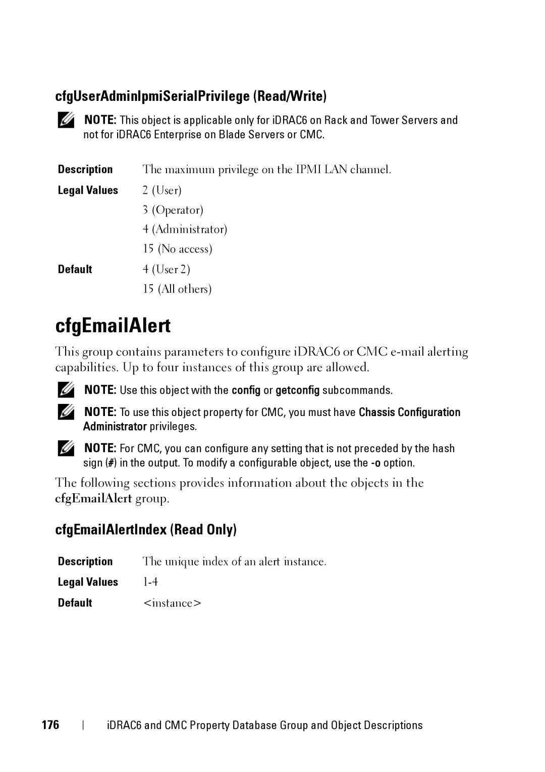 Dell CMC 3.2, IDRAC6 1.95, IDRAC6 3.5 CfgUserAdminIpmiSerialPrivilege Read/Write, CfgEmailAlertIndex Read Only, 176 