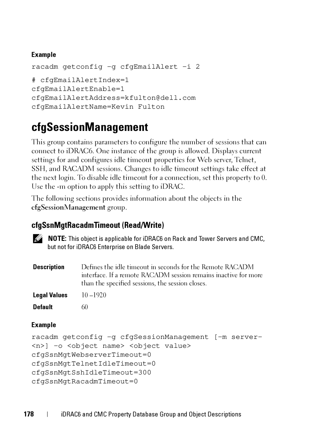 Dell IDRAC6 3.5, IDRAC6 1.95, CMC 3.2 manual CfgSessionManagement, CfgSsnMgtRacadmTimeout Read/Write, 178 