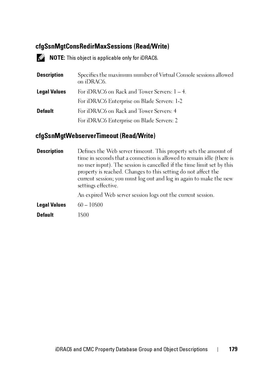 Dell CMC 3.2, IDRAC6 1.95, IDRAC6 3.5 CfgSsnMgtConsRedirMaxSessions Read/Write, CfgSsnMgtWebserverTimeout Read/Write, 179 