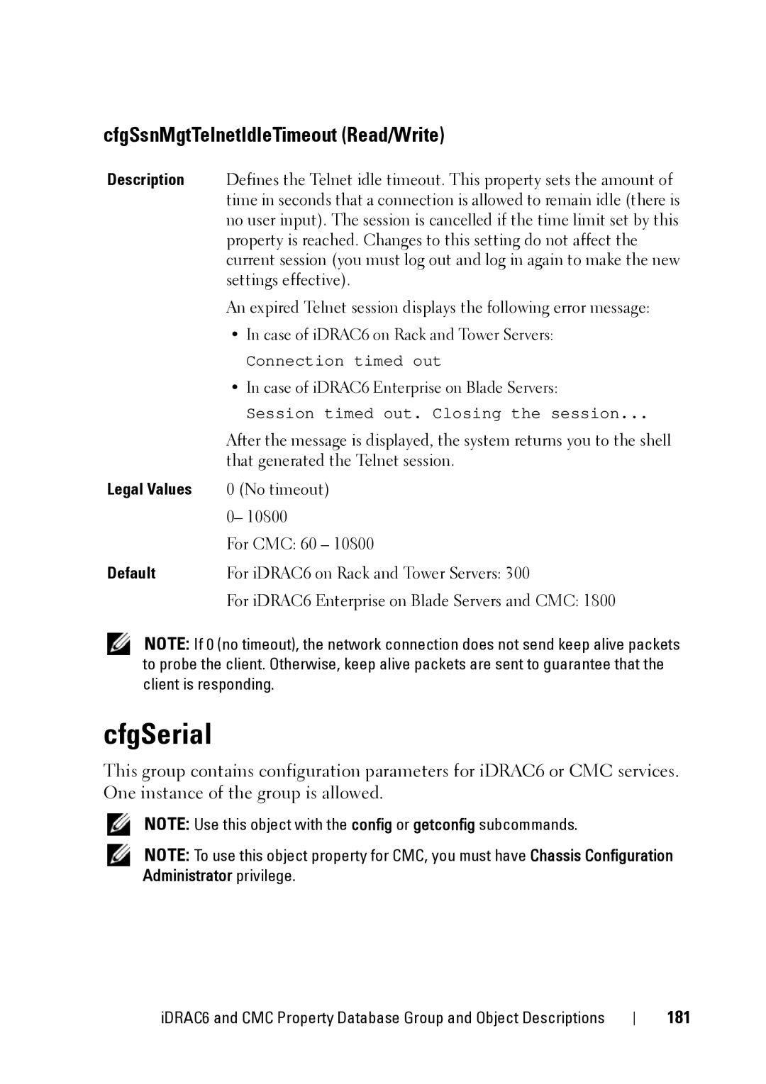 Dell IDRAC6 3.5, IDRAC6 1.95, CMC 3.2 manual CfgSerial, CfgSsnMgtTelnetIdleTimeout Read/Write, 181 