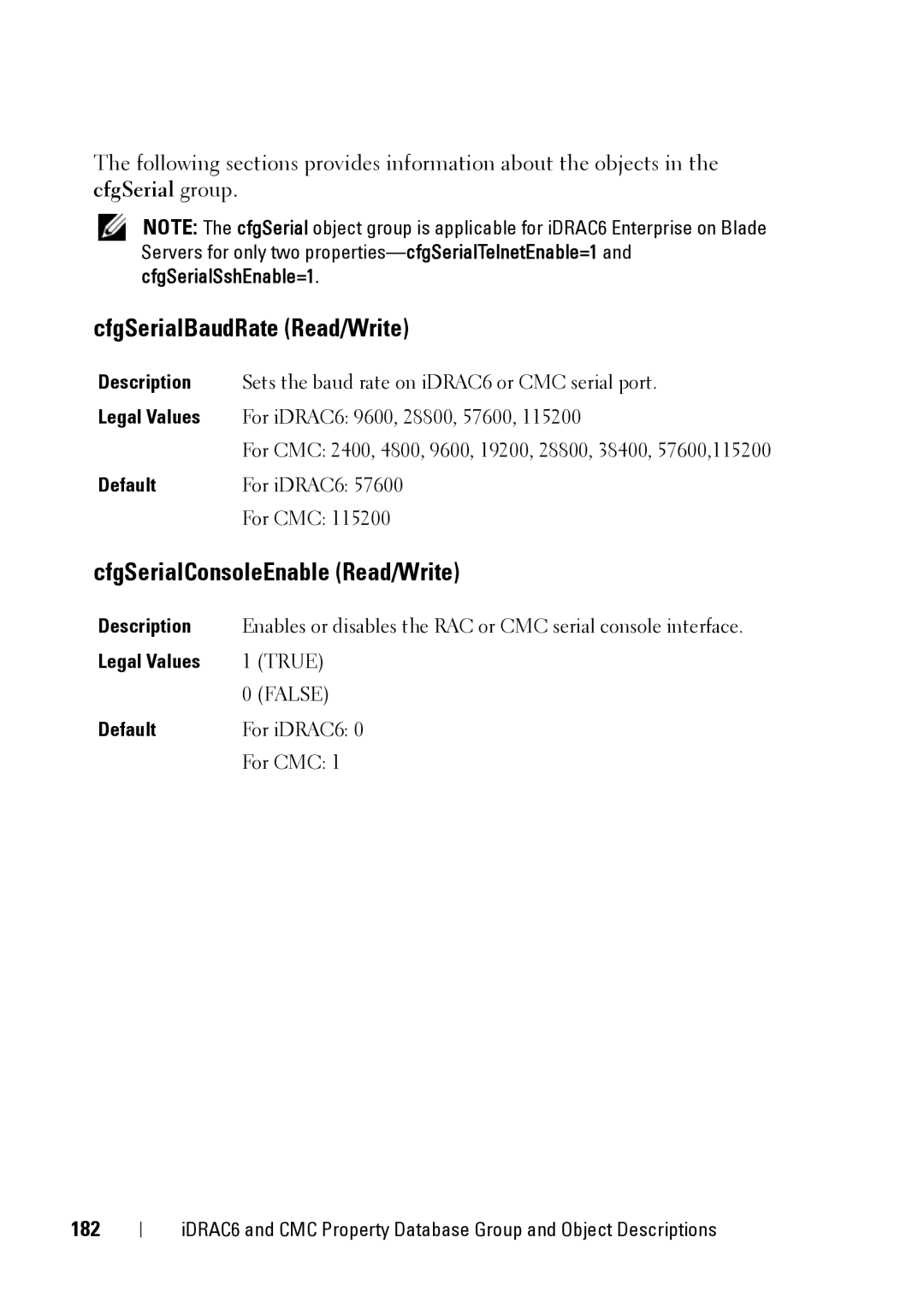 Dell CMC 3.2, IDRAC6 1.95, IDRAC6 3.5 manual CfgSerialBaudRate Read/Write, CfgSerialConsoleEnable Read/Write, 182 