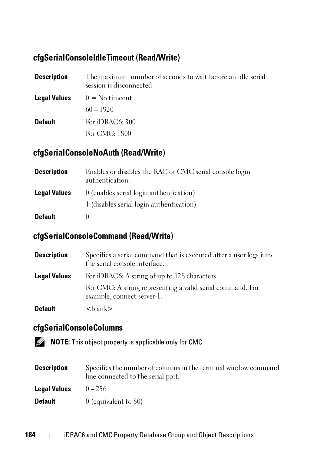 Dell IDRAC6 3.5 CfgSerialConsoleIdleTimeout Read/Write, CfgSerialConsoleNoAuth Read/Write, CfgSerialConsoleColumns, 184 