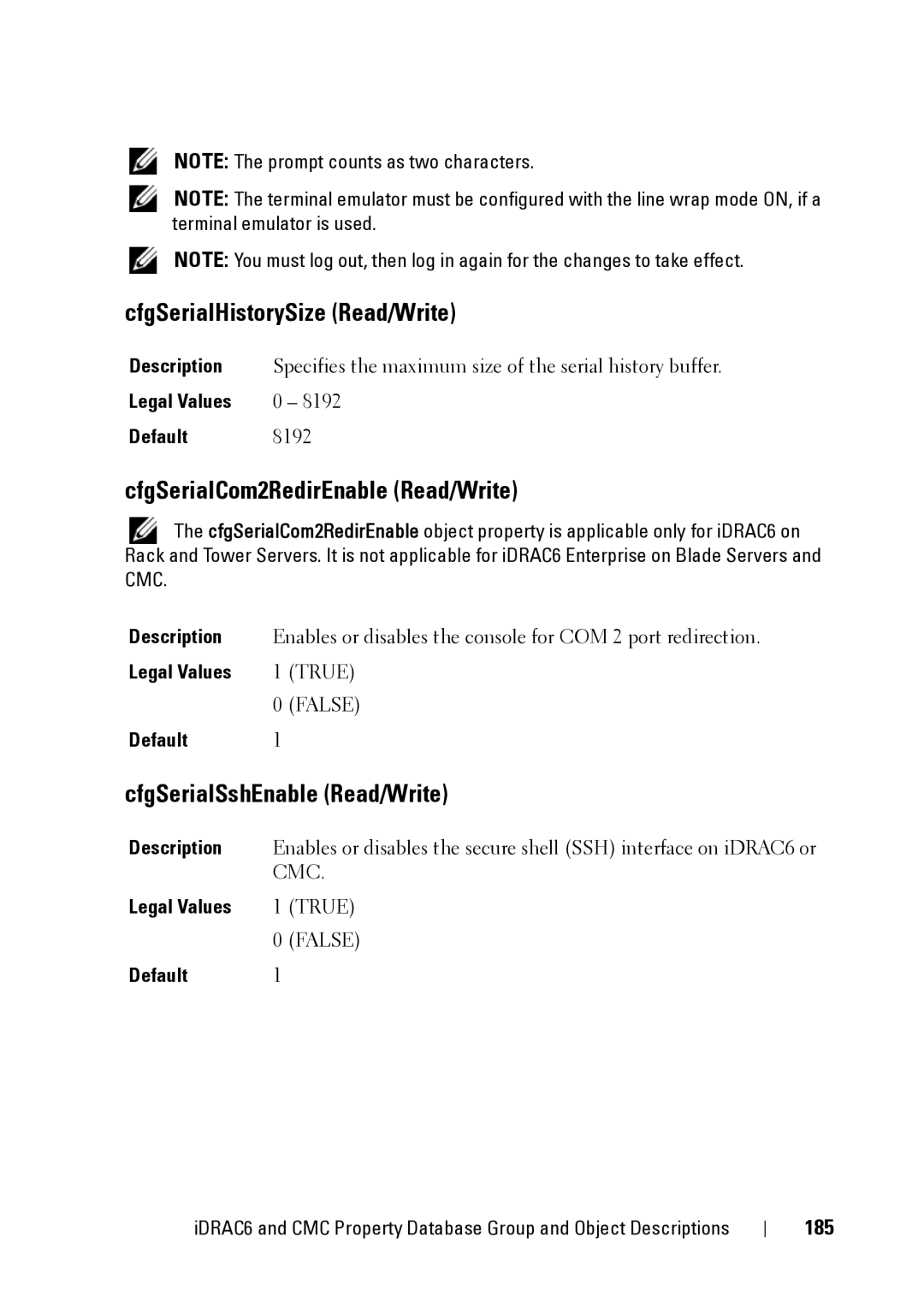 Dell CMC 3.2 CfgSerialHistorySize Read/Write, CfgSerialCom2RedirEnable Read/Write, CfgSerialSshEnable Read/Write, 185 