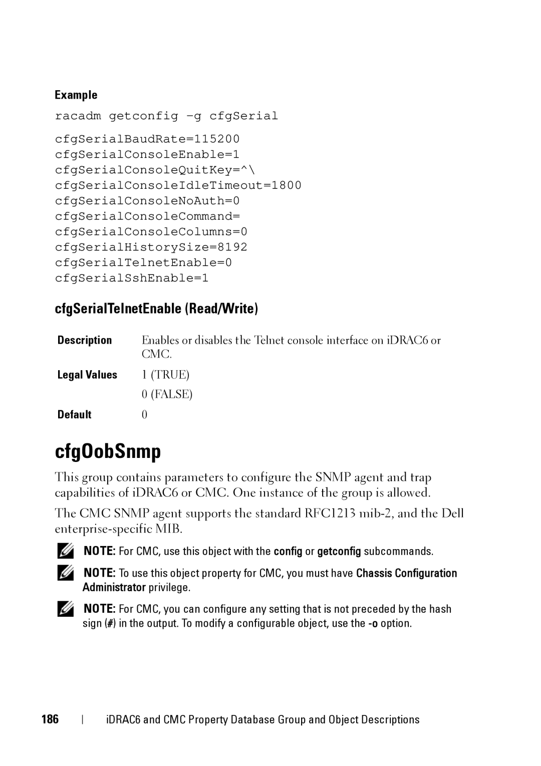 Dell IDRAC6 1.95, IDRAC6 3.5, CMC 3.2 manual CfgOobSnmp, CfgSerialTelnetEnable Read/Write, 186 