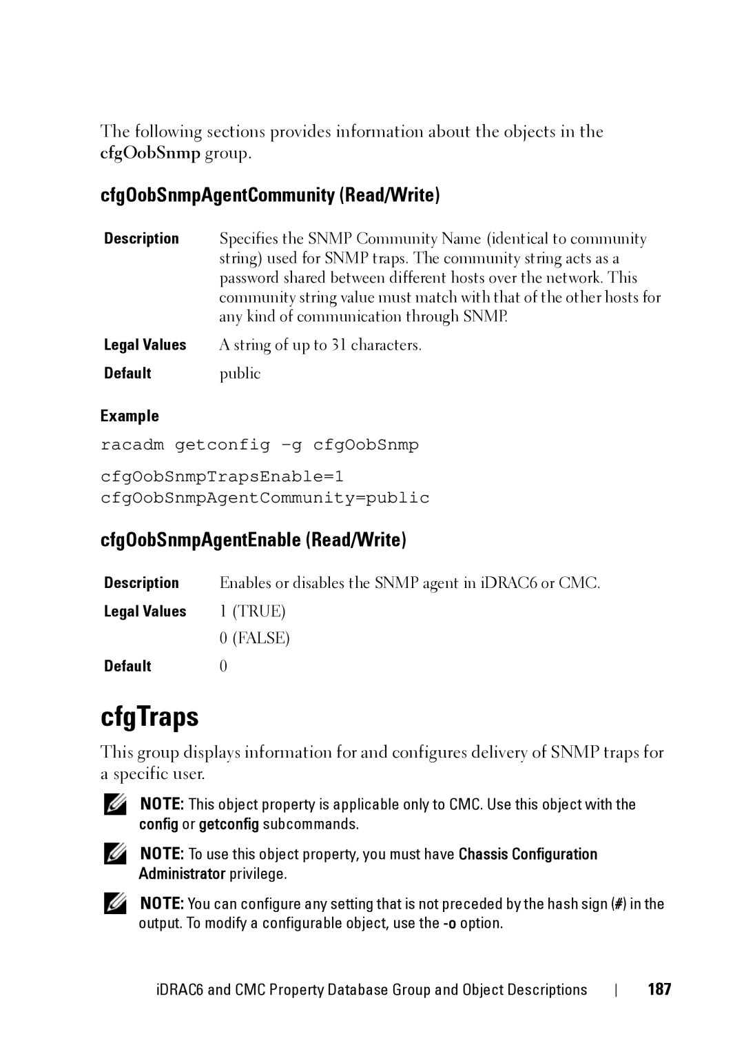 Dell IDRAC6 3.5 manual CfgTraps, CfgOobSnmpAgentCommunity Read/Write, CfgOobSnmpAgentEnable Read/Write, 187, Default public 