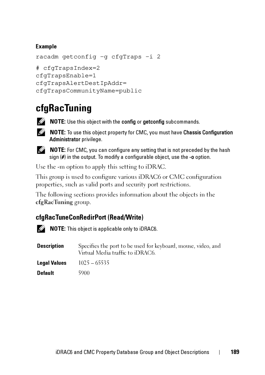 Dell IDRAC6 1.95, IDRAC6 3.5, CMC 3.2 manual CfgRacTuning, CfgRacTuneConRedirPort Read/Write, 189 