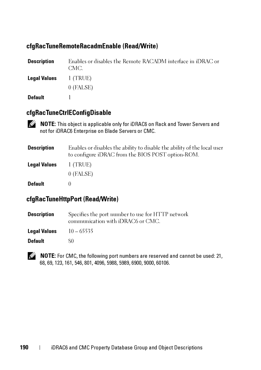 Dell IDRAC6 3.5 CfgRacTuneRemoteRacadmEnable Read/Write, CfgRacTuneCtrlEConfigDisable, CfgRacTuneHttpPort Read/Write, 190 