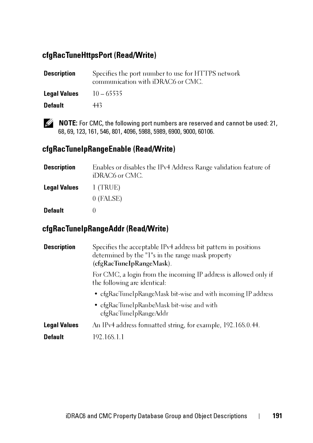 Dell CMC 3.2 CfgRacTuneHttpsPort Read/Write, CfgRacTuneIpRangeEnable Read/Write, CfgRacTuneIpRangeAddr Read/Write, 191 