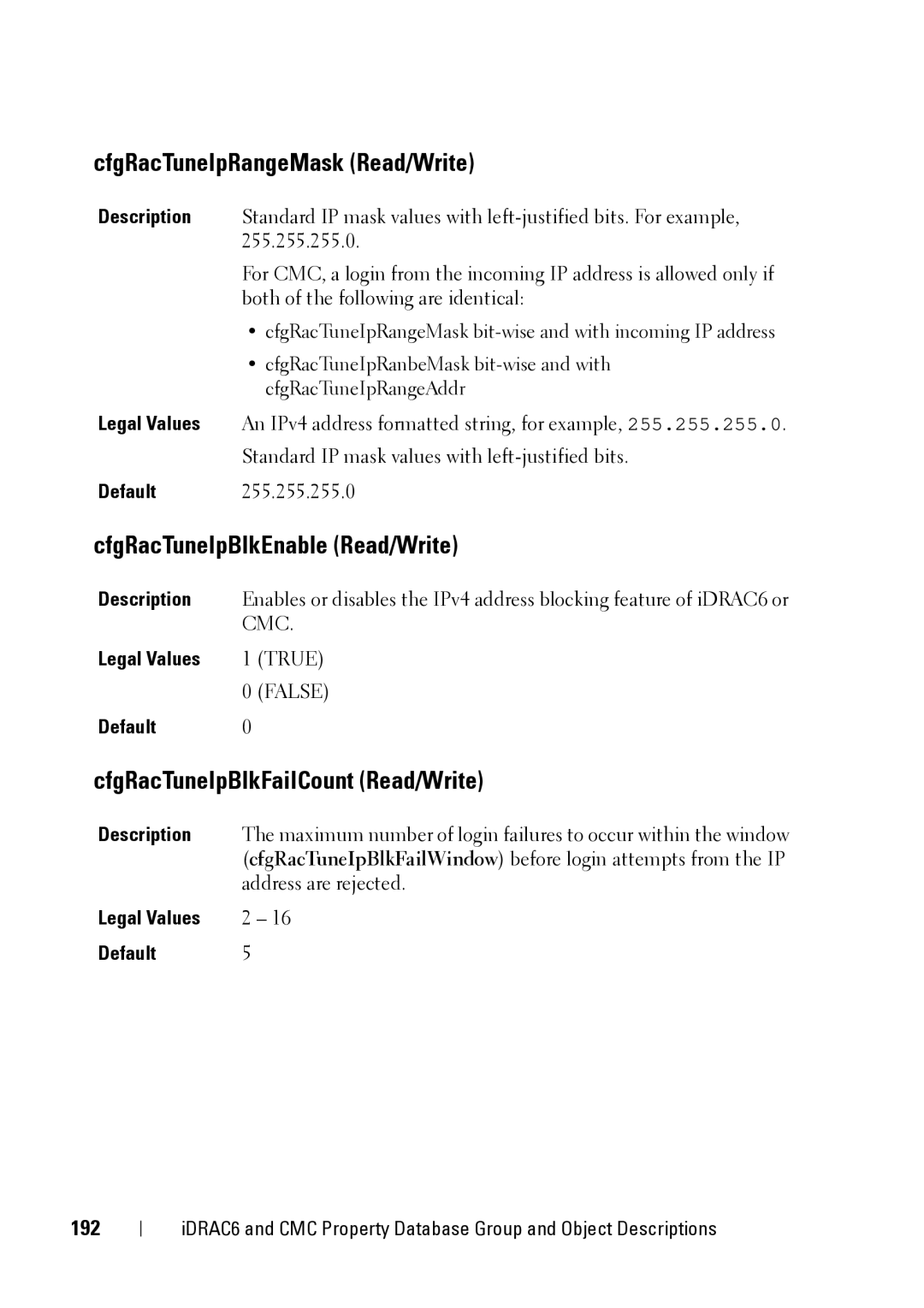 Dell IDRAC6 1.95 CfgRacTuneIpRangeMask Read/Write, CfgRacTuneIpBlkEnable Read/Write, CfgRacTuneIpBlkFailCount Read/Write 