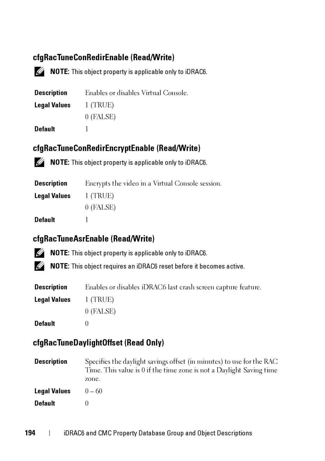 Dell CMC 3.2, IDRAC6 1.95, IDRAC6 3.5 CfgRacTuneConRedirEnable Read/Write, CfgRacTuneConRedirEncryptEnable Read/Write, 194 