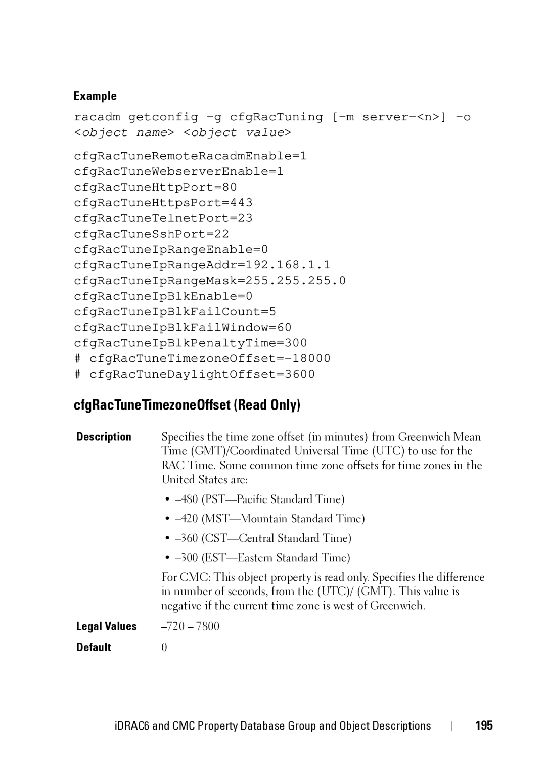 Dell IDRAC6 1.95, IDRAC6 3.5, CMC 3.2 manual CfgRacTuneTimezoneOffset Read Only, 195 