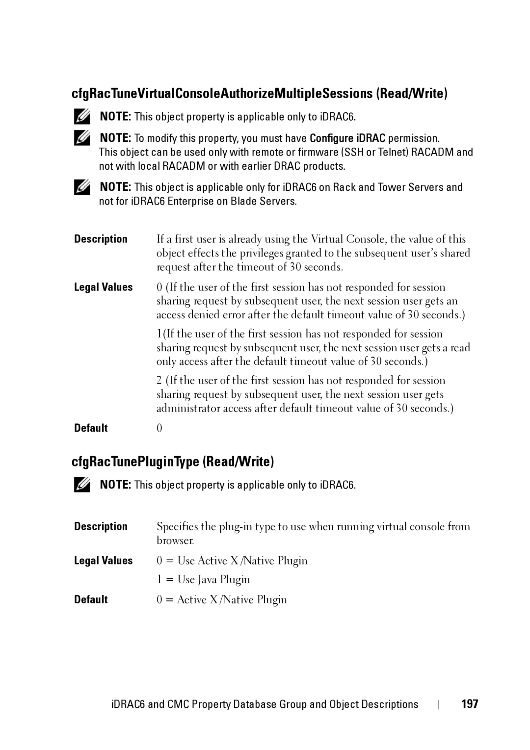Dell CMC 3.2, IDRAC6 1.95, IDRAC6 3.5 manual CfgRacTunePluginType Read/Write, 197 