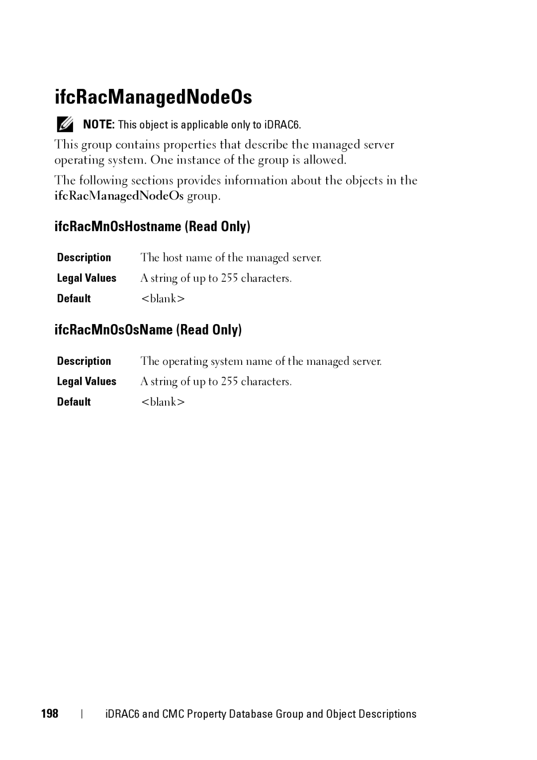 Dell IDRAC6 1.95, IDRAC6 3.5, CMC 3.2 IfcRacManagedNodeOs, IfcRacMnOsHostname Read Only, IfcRacMnOsOsName Read Only, 198 