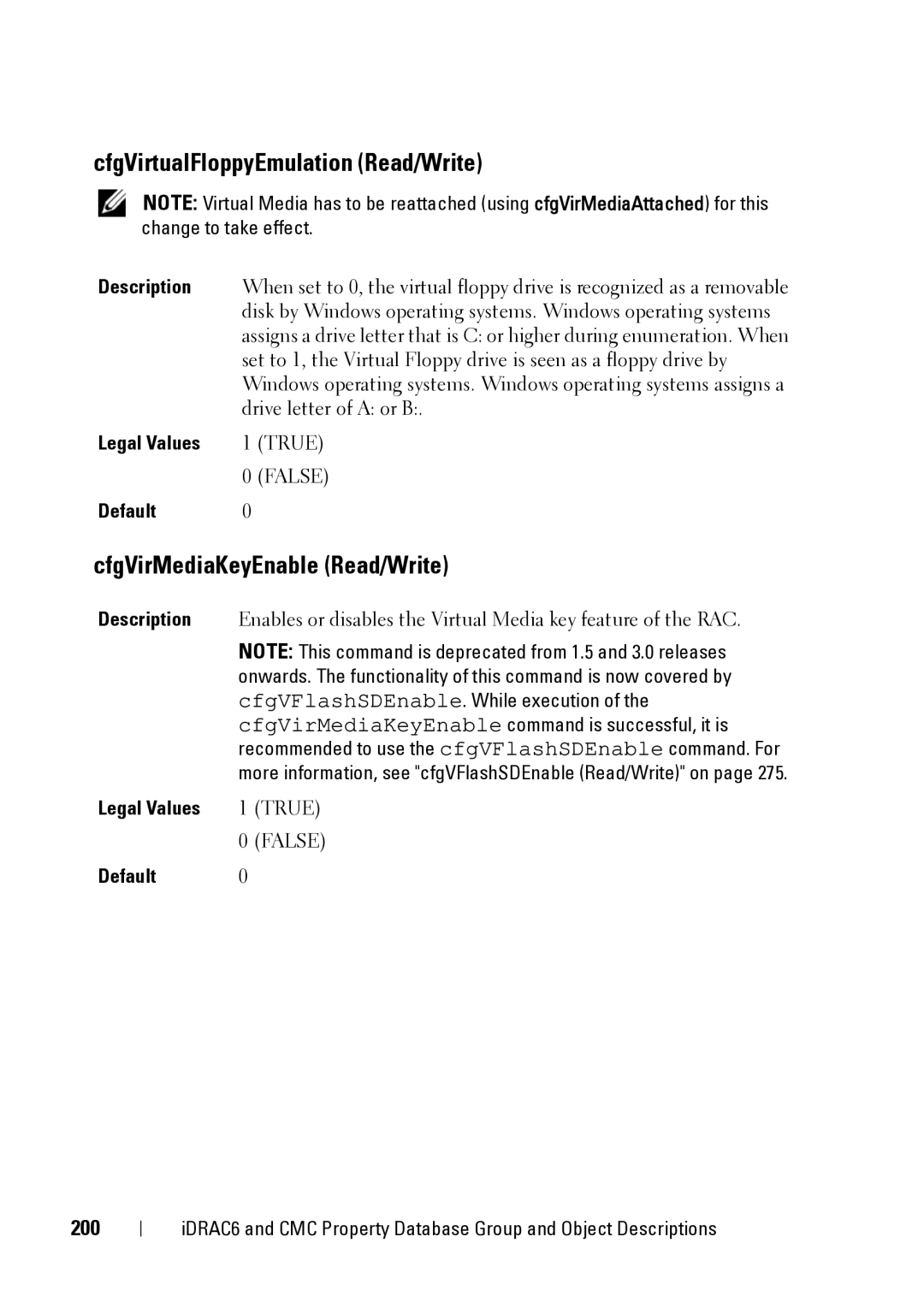 Dell CMC 3.2, IDRAC6 1.95, IDRAC6 3.5 manual CfgVirtualFloppyEmulation Read/Write, CfgVirMediaKeyEnable Read/Write, 200 