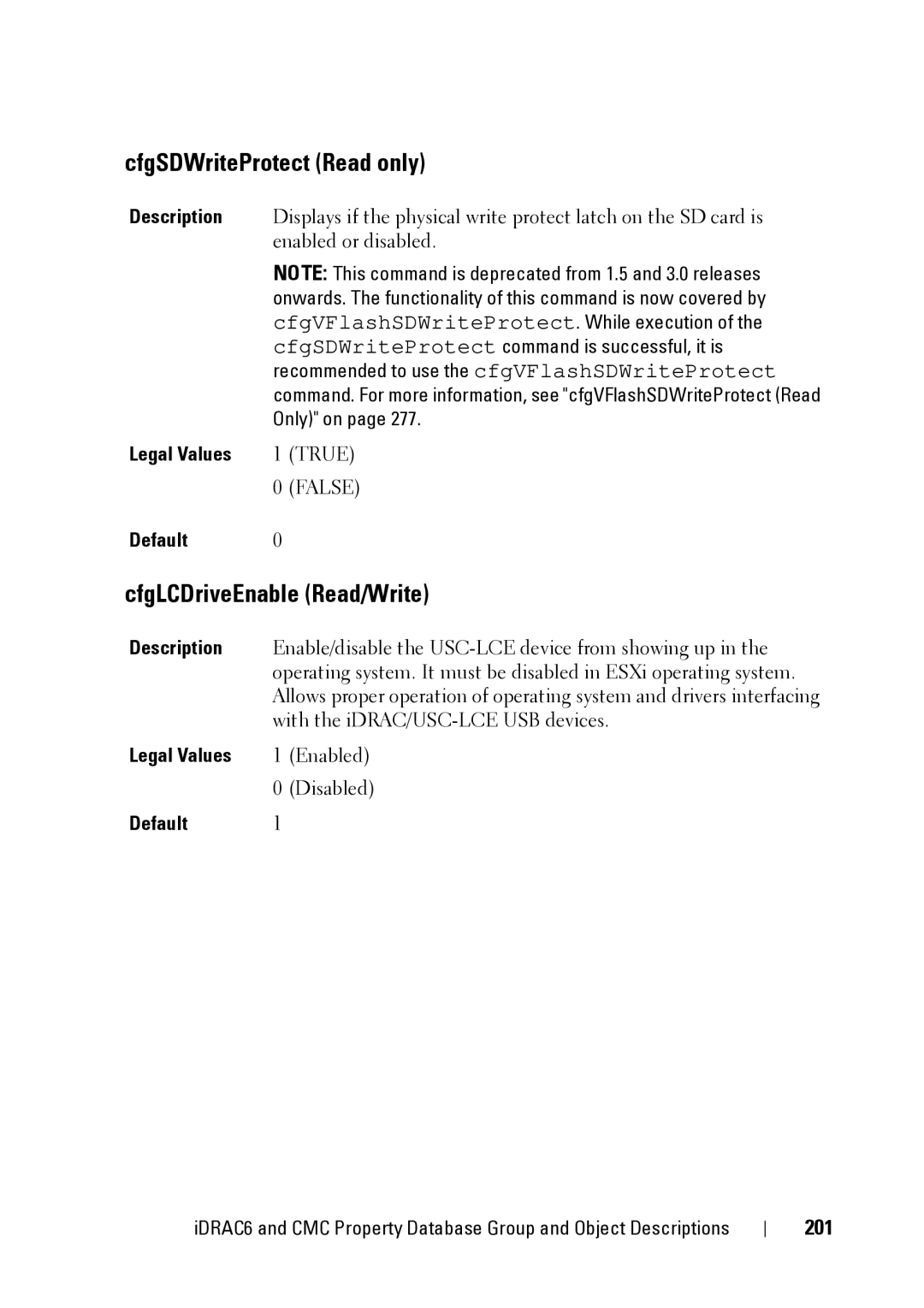 Dell IDRAC6 1.95, IDRAC6 3.5, CMC 3.2 manual CfgSDWriteProtect Read only, CfgLCDriveEnable Read/Write, 201 