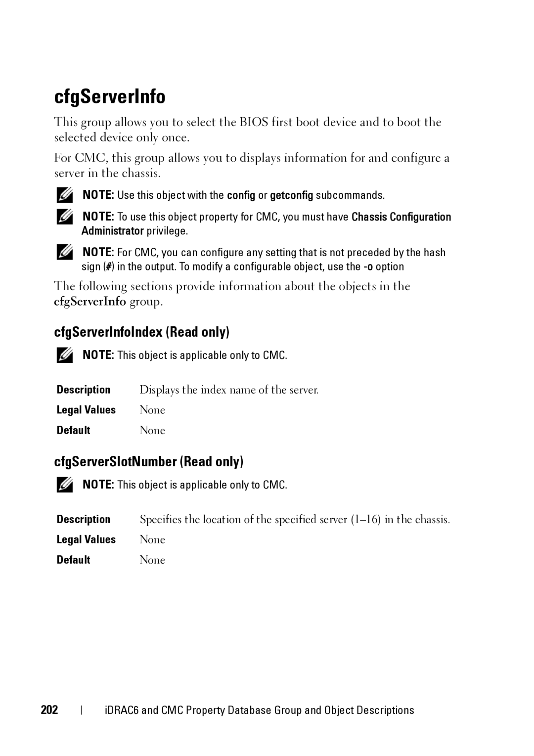 Dell IDRAC6 3.5, IDRAC6 1.95, CMC 3.2 manual CfgServerInfoIndex Read only, CfgServerSlotNumber Read only, 202 