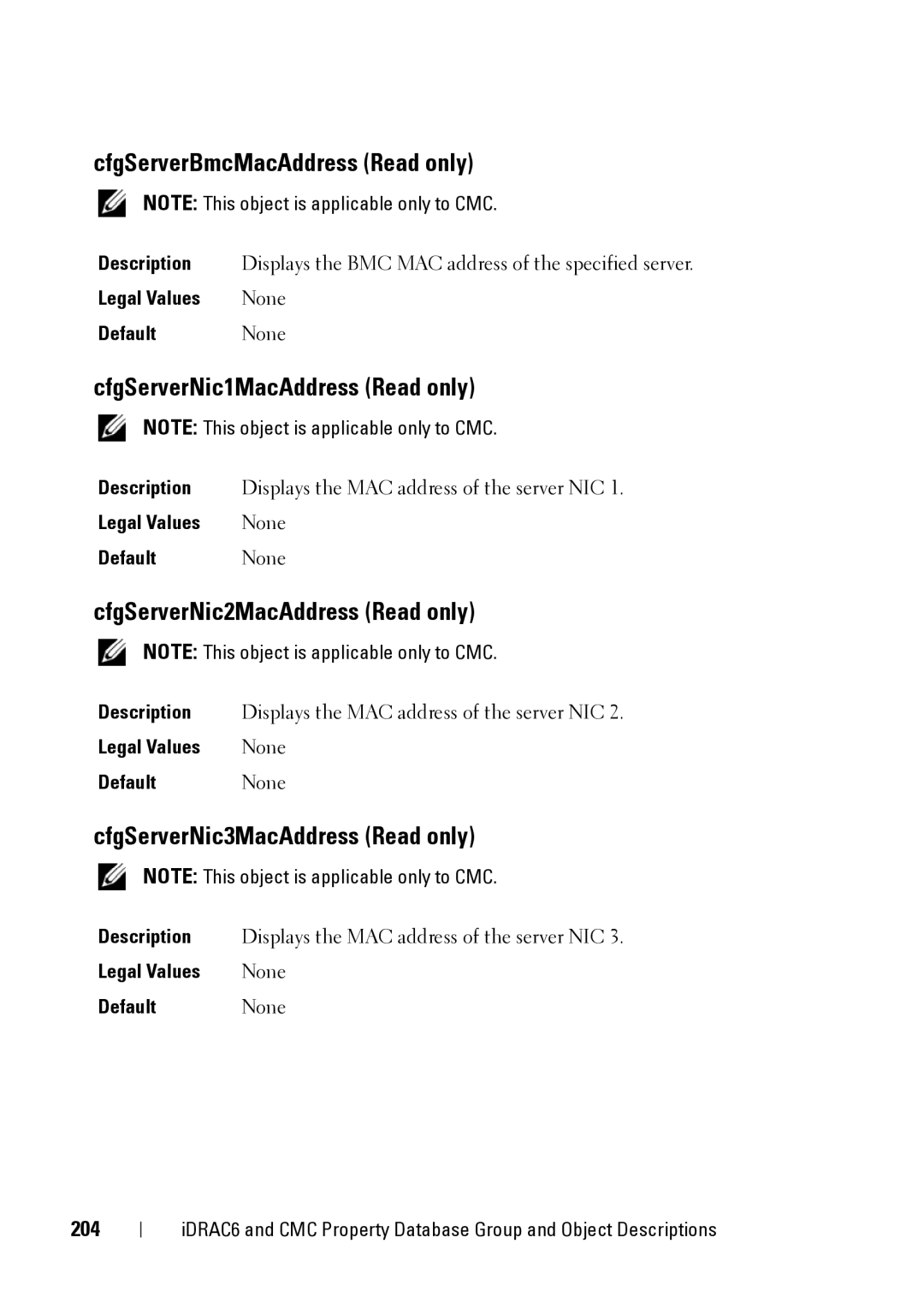 Dell IDRAC6 1.95 CfgServerBmcMacAddress Read only, CfgServerNic1MacAddress Read only, CfgServerNic2MacAddress Read only 