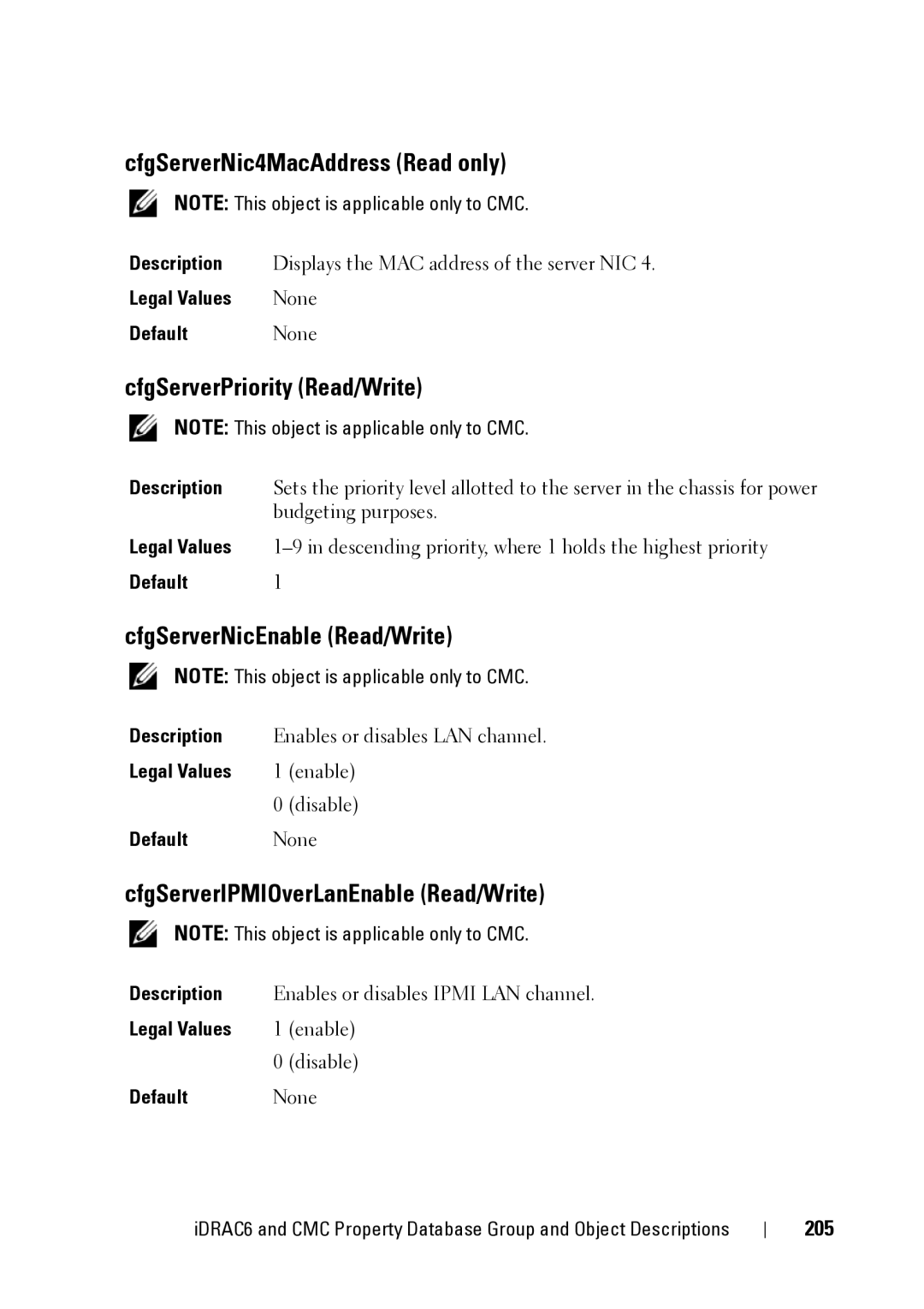 Dell IDRAC6 3.5 manual CfgServerNic4MacAddress Read only, CfgServerPriority Read/Write, CfgServerNicEnable Read/Write, 205 