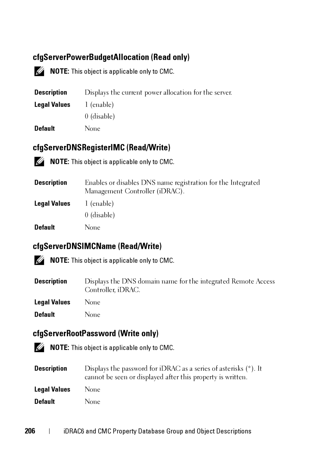 Dell CMC 3.2 CfgServerPowerBudgetAllocation Read only, CfgServerDNSRegisterIMC Read/Write, CfgServerDNSIMCName Read/Write 