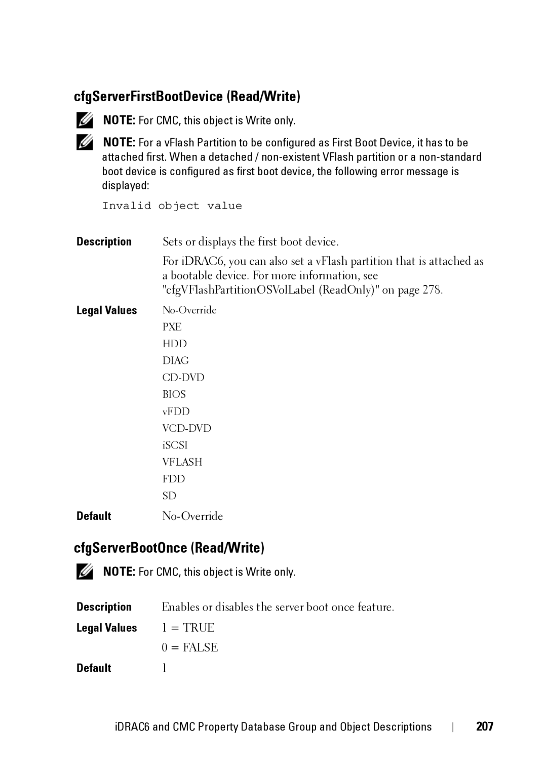 Dell IDRAC6 1.95, IDRAC6 3.5, CMC 3.2 manual CfgServerFirstBootDevice Read/Write, CfgServerBootOnce Read/Write, 207 