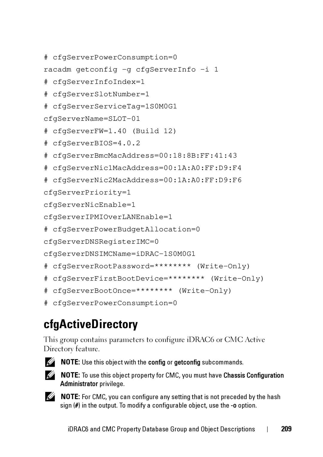 Dell CMC 3.2, IDRAC6 1.95, IDRAC6 3.5 manual CfgActiveDirectory, 209 