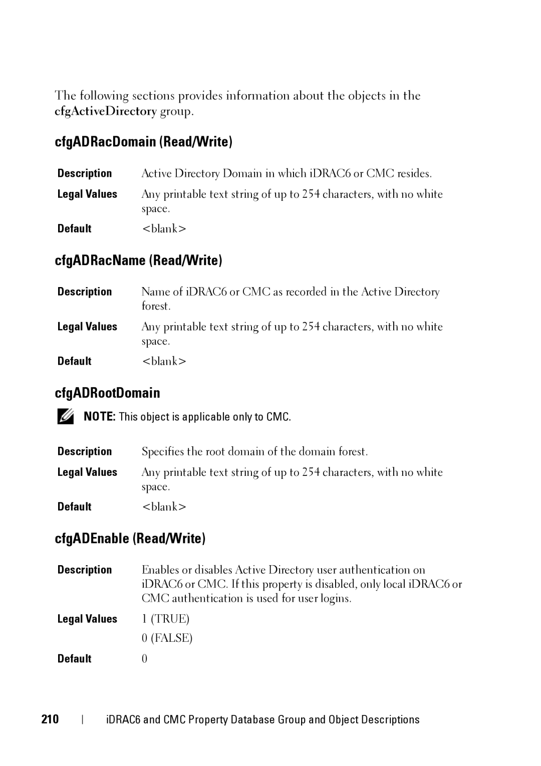 Dell IDRAC6 1.95, CMC 3.2 CfgADRacDomain Read/Write, CfgADRacName Read/Write, CfgADRootDomain, CfgADEnable Read/Write, 210 