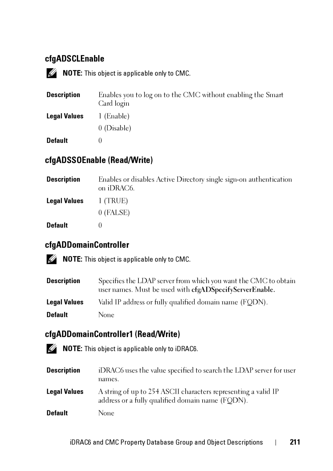 Dell IDRAC6 3.5, IDRAC6 1.95, CMC 3.2 CfgADSCLEnable, CfgADSSOEnable Read/Write, CfgADDomainController1 Read/Write, 211 