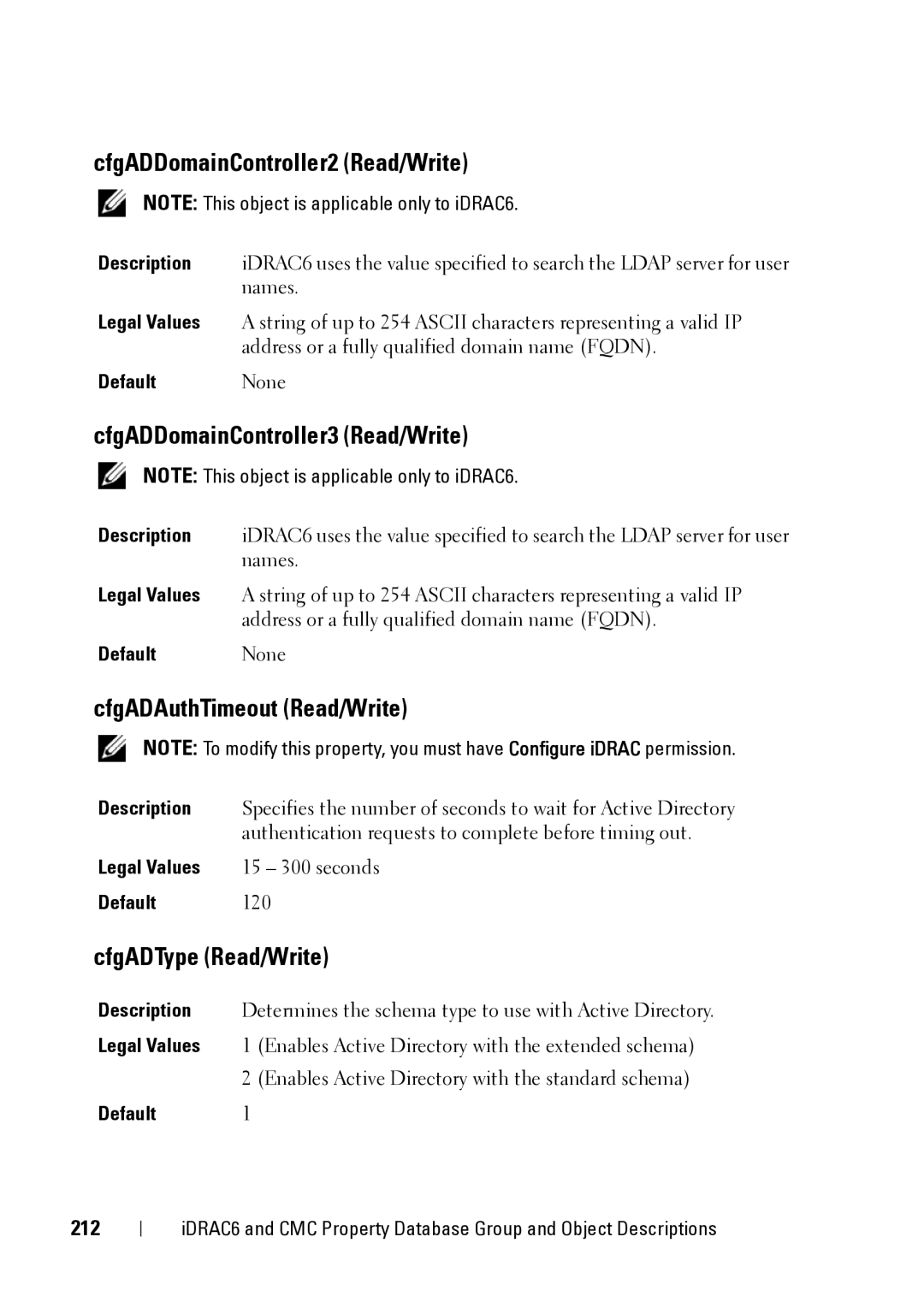 Dell CMC 3.2 manual CfgADDomainController2 Read/Write, CfgADDomainController3 Read/Write, CfgADAuthTimeout Read/Write, 212 