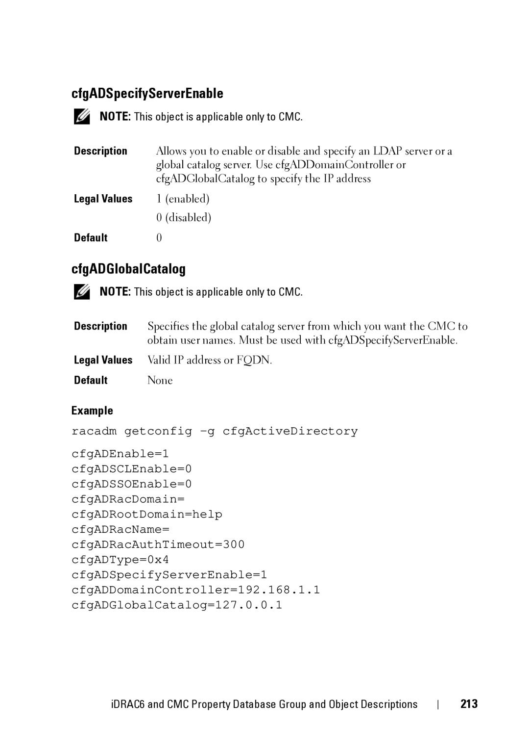 Dell IDRAC6 1.95, IDRAC6 3.5, CMC 3.2 manual CfgADSpecifyServerEnable, CfgADGlobalCatalog, 213 