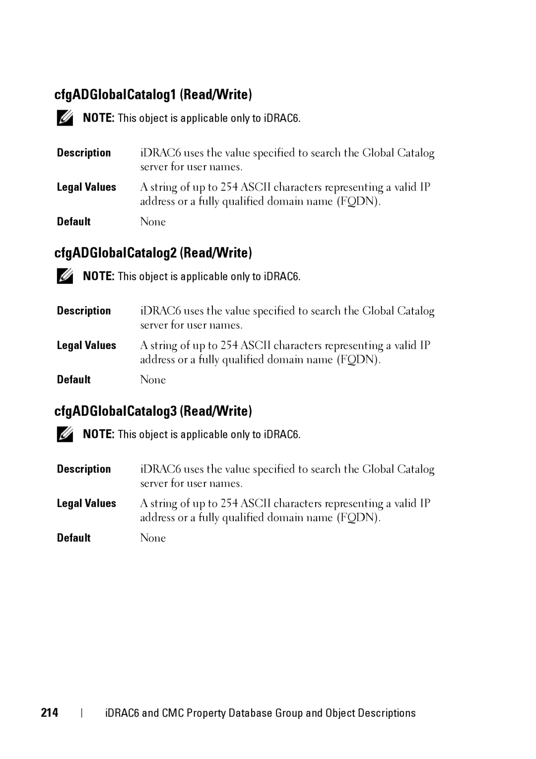 Dell IDRAC6 3.5 manual CfgADGlobalCatalog1 Read/Write, CfgADGlobalCatalog2 Read/Write, CfgADGlobalCatalog3 Read/Write, 214 