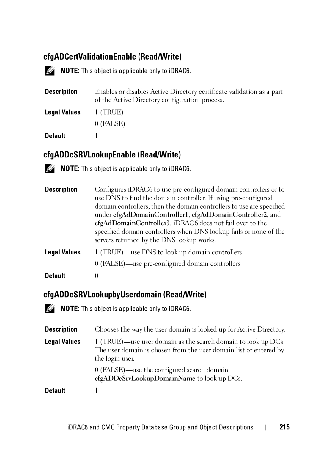 Dell CMC 3.2, IDRAC6 1.95, IDRAC6 3.5 manual CfgADCertValidationEnable Read/Write, CfgADDcSRVLookupEnable Read/Write, 215 