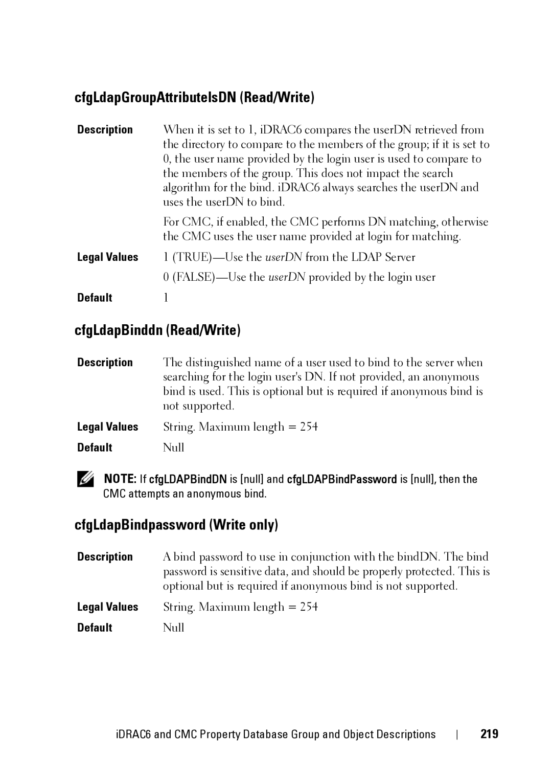 Dell IDRAC6 1.95 manual CfgLdapGroupAttributeIsDN Read/Write, CfgLdapBinddn Read/Write, CfgLdapBindpassword Write only, 219 