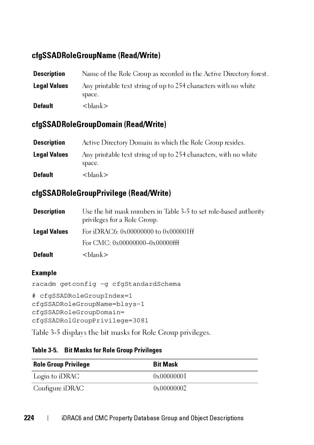 Dell CMC 3.2 CfgSSADRoleGroupName Read/Write, CfgSSADRoleGroupDomain Read/Write, CfgSSADRoleGroupPrivilege Read/Write, 224 