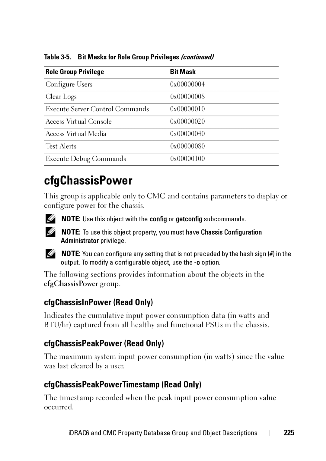 Dell IDRAC6 1.95, IDRAC6 3.5, CMC 3.2 manual CfgChassisPower, CfgChassisInPower Read Only, CfgChassisPeakPower Read Only, 225 