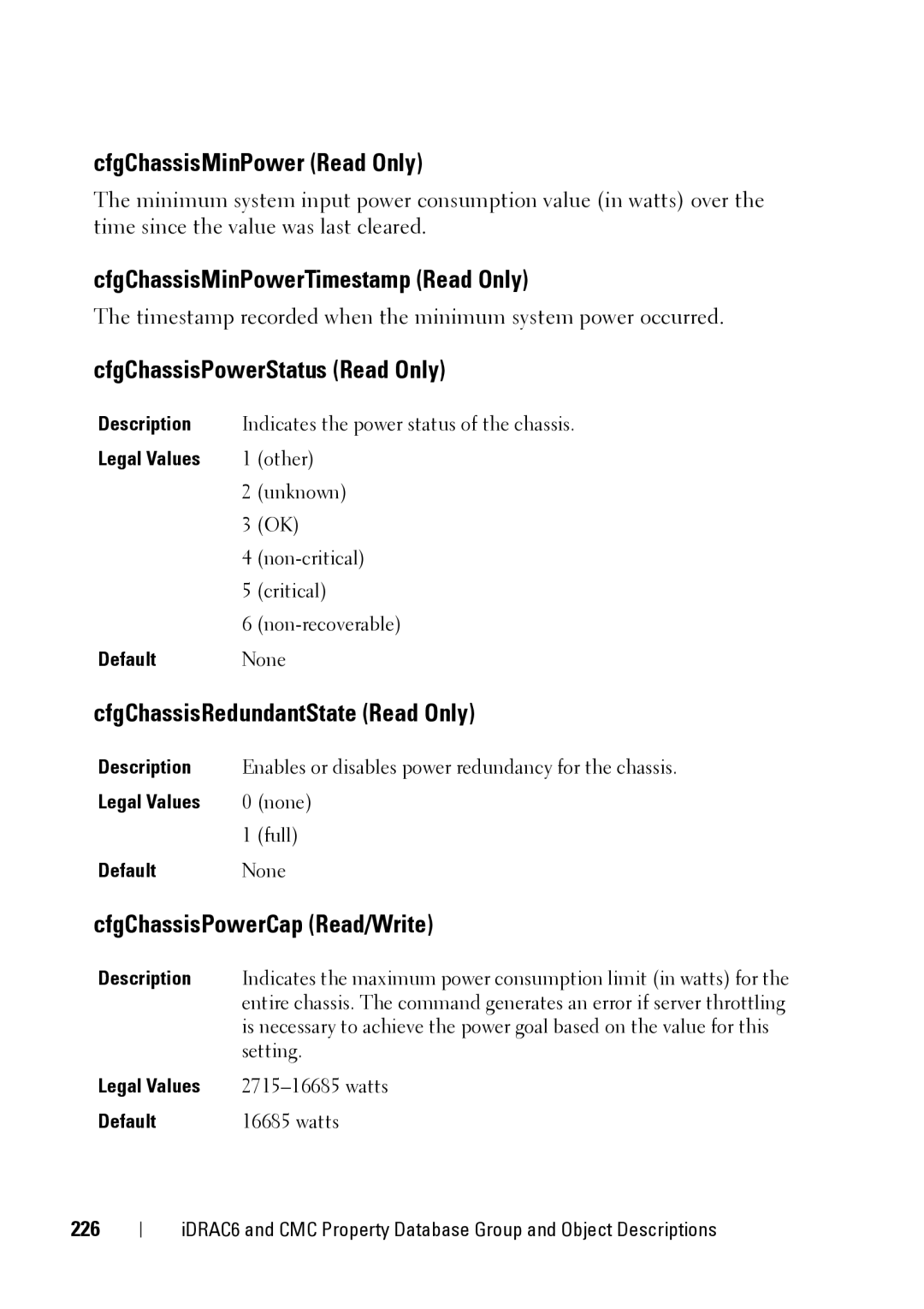 Dell IDRAC6 3.5 manual CfgChassisMinPower Read Only, CfgChassisMinPowerTimestamp Read Only, CfgChassisPowerStatus Read Only 