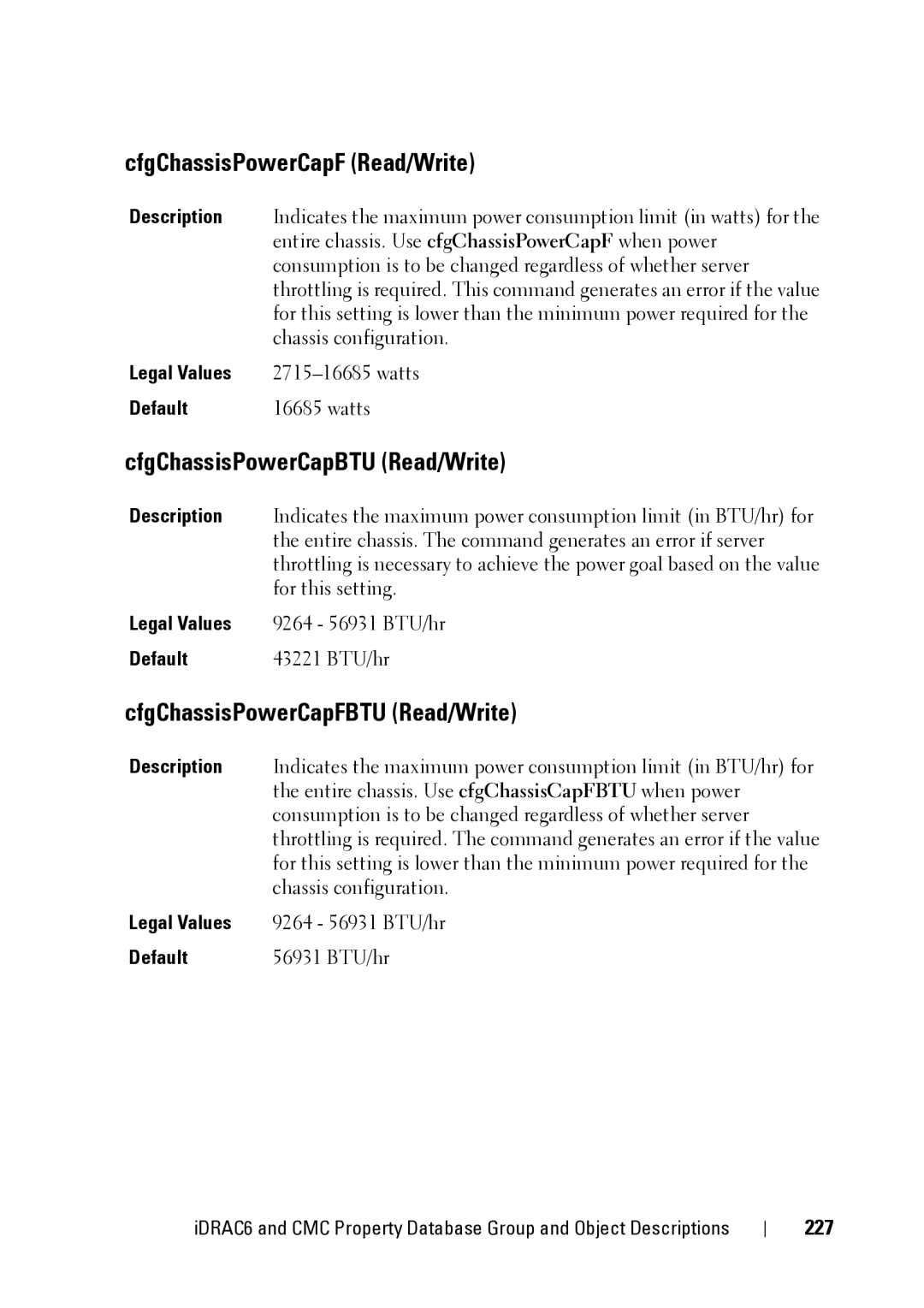 Dell CMC 3.2 CfgChassisPowerCapF Read/Write, CfgChassisPowerCapBTU Read/Write, CfgChassisPowerCapFBTU Read/Write, 227 